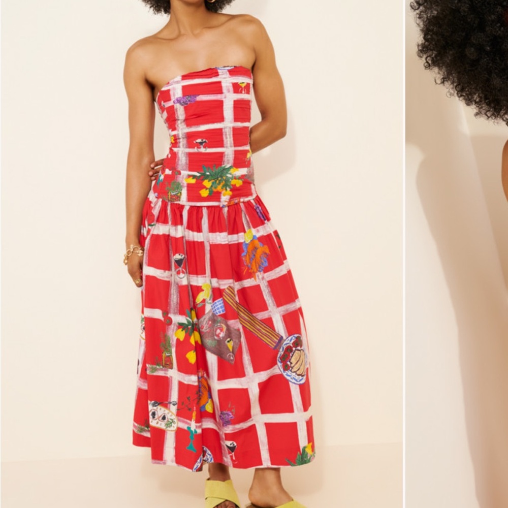 Strapless Red Patterned Midi Dress